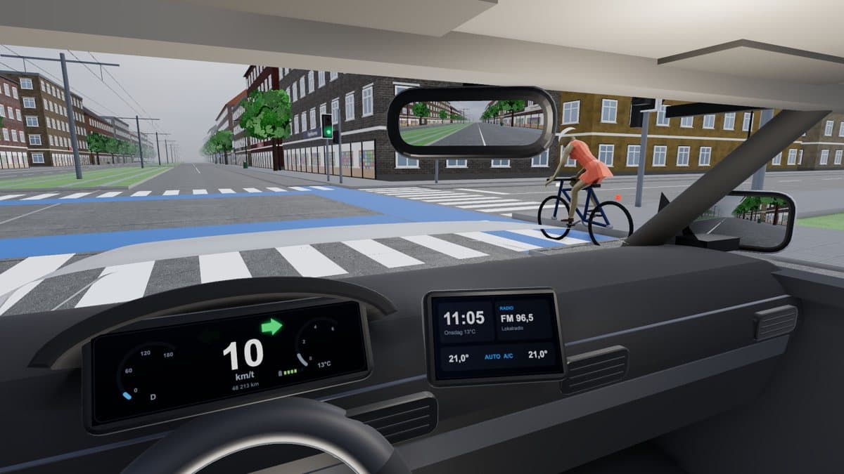 3D-situation set fra førersædet: bilen blinker til højre, og en cyklist er kommet frem på bilens højre side