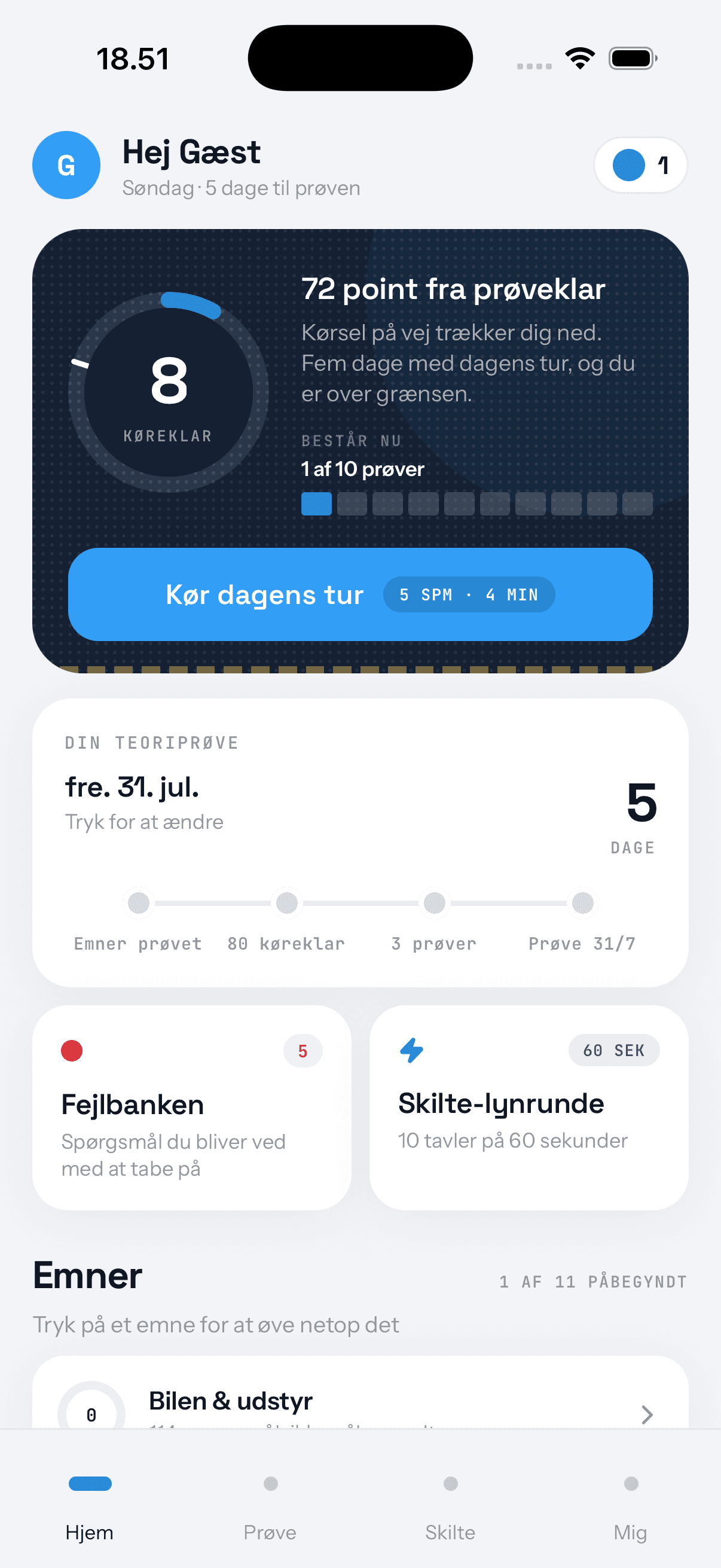 Teorify på iPhone: Hjem-skærmen med køreklar-score og dagens tur